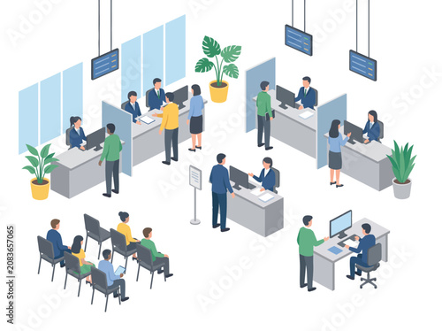 Modern isometric bank interior with customers tellers and staff providing financial services.
