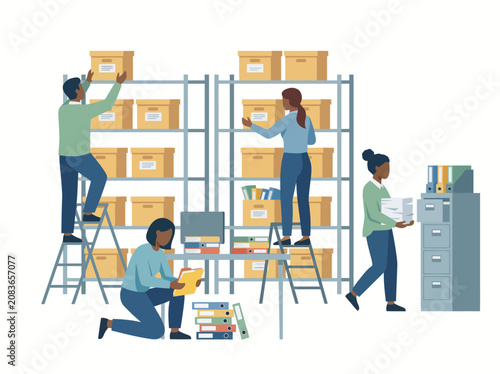 Diverse Team Organizing Documents and Boxes on Shelves in an Archive Room Illustration.