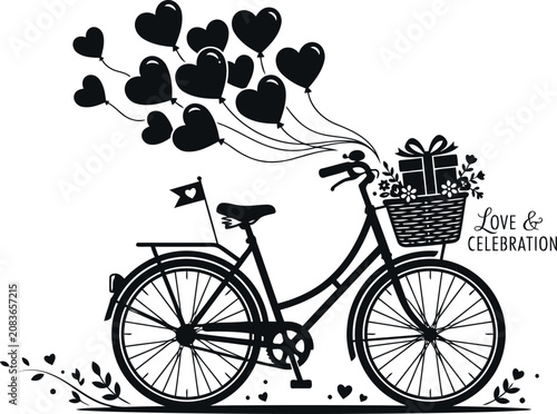 Bicycle with Heart Balloons and Gift Basket Silhouette Vector Illustration in Black Outline Style