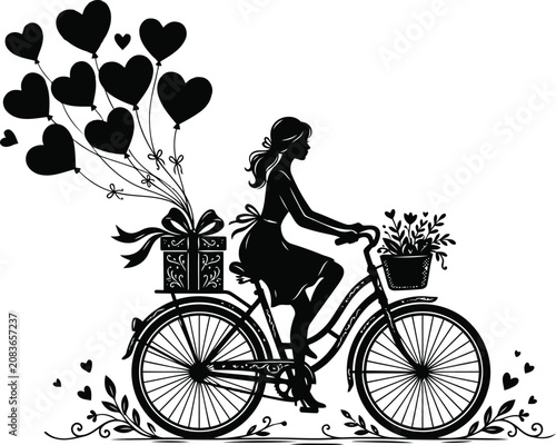 Woman Riding Bicycle with Heart Balloons and Gift Box Silhouette Vector Illustration