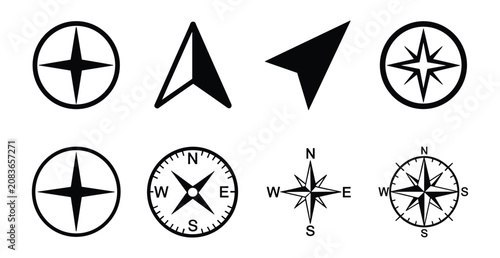 Tableau sur toile Navigation Symbols: A collection of compass rose icons and directional arrows representing navigation and direction, symbolizing guidance and exploration