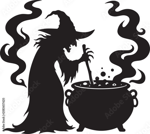 Bild auf Leinwand Spooky witch silhouette stirring a bubbling magic cauldron with swirling smoke creates a classic Halloween vector illustration, perfect for horror, fantasy, occult, autumn, and seasonal designs