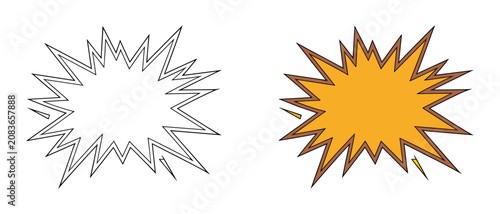 Foto Explosion Graphic: Two stylized explosion graphics, one a black and white outline and the other a vibrant orange with brown accents, depicting a burst of energy or impact