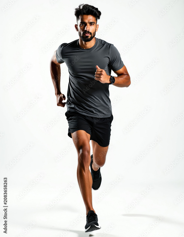 Obraz premium Indian man runs in sportswear on white background. Bearded athlete trains for race showing speed and endurance. Healthy male jogger with fitness tracker advances cardio workout.