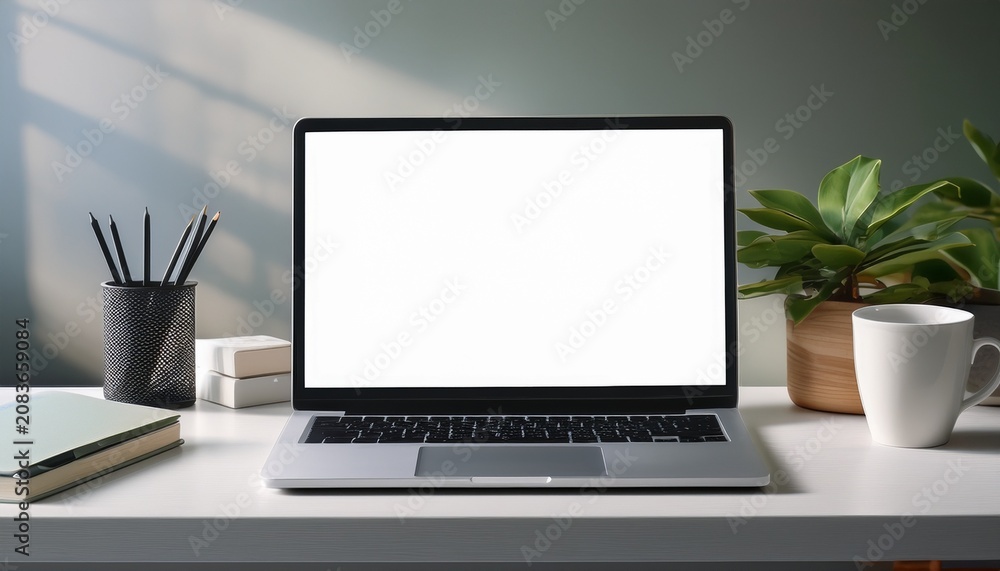 Fototapeta premium mockup of a laptop with a blank white screen placed on a home office desk suitable for displaying websites or designs