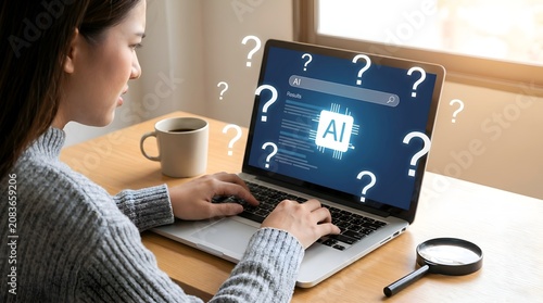 A woman is using a laptop to search for information about artificial intelligence. The screen displays the AI logo, and question marks surround the laptop.