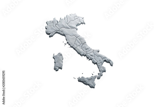 three-dimensional, isometric, light grey stone map of italy suspended over a transparent studio background with extensive copy space. concept of clean, precise national geography