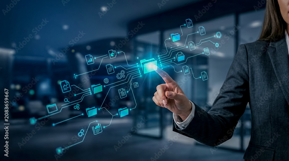 Fototapeta premium Professional touching digital interface with futuristic icons