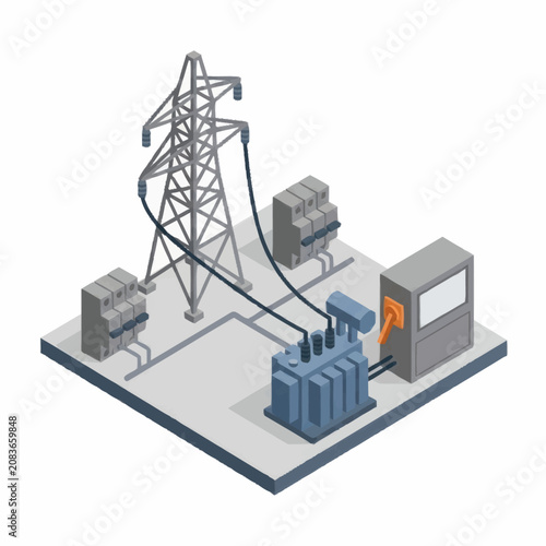 Isometric view of electrical substation with power lines and transformers.