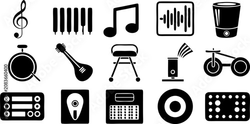 Create a set of bold, dual-tone music and audio-related icons, designed with accessibility in mind. Each icon should include braille symbols above it. The icons should represent musical instruments (g