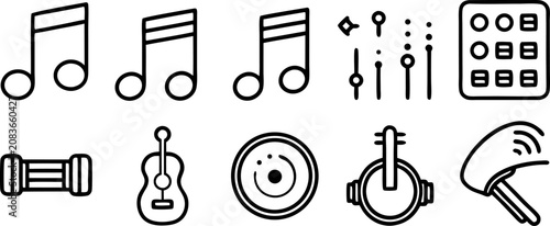 Create a set of bold, dual-tone music and audio-related icons, designed with accessibility in mind. Each icon should include braille symbols above it. The icons should represent musical instruments (g