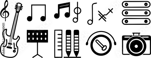Create a set of bold, dual-tone music and audio-related icons, designed with accessibility in mind. Each icon should include braille symbols above it. The icons should represent musical instruments (g