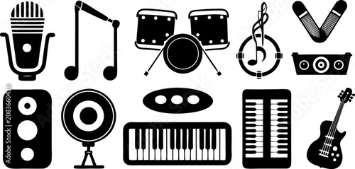 Create a set of bold, dual-tone music and audio-related icons, designed with accessibility in mind. Each icon should include braille symbols above it. The icons should represent musical instruments (g
