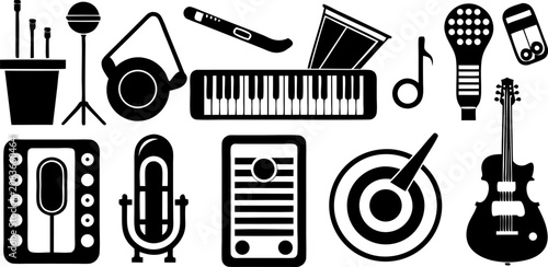 Create a set of bold, dual-tone music and audio-related icons, designed with accessibility in mind. Each icon should include braille symbols above it. The icons should represent musical instruments (g