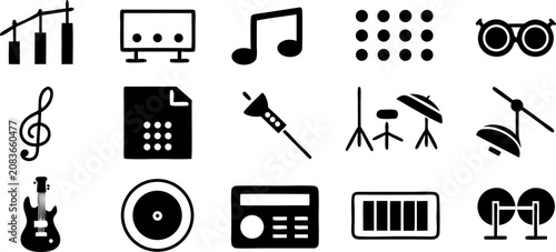 Create a set of bold, dual-tone music and audio-related icons, designed with accessibility in mind. Each icon should include braille symbols above it. The icons should represent musical instruments (g