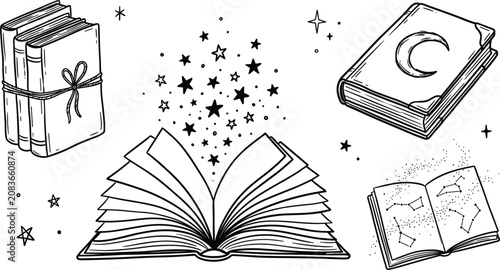Quadro su tela Magic book vector illustration set with open pages sparkling stars moon and mystical astrology constellations