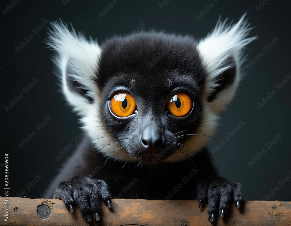 Fototapeta premium Black and white ruffed lemur peeks over branch. Intense orange eyes stare forward. Fuzzy animal has large pointy ears and dark fur. Innocent creature looks curious. Wildlife portrait.