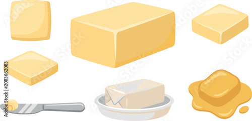 Obraz na plátně Butter vector illustration set with fresh dairy stick block sliced pieces melted