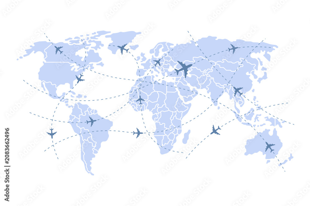 Fototapeta premium Vector illustration of Global Air Travel World Map with Flight Routes, Airplanes and International Connections.