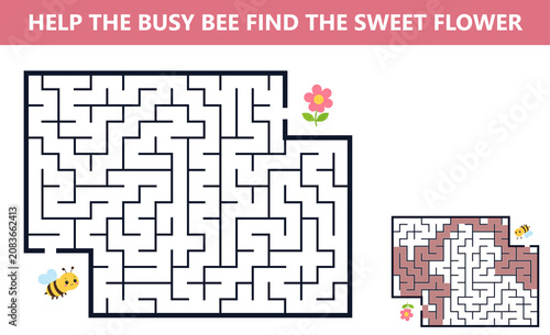 Bee and flower rectangular maze game for kids with answer key included, perfect for spring activity books, summer vacation printable worksheets, and garden-themed preschool educational materials