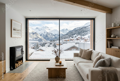 Interior of a living room in a chalet with mountain views