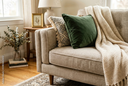 Fabric sofa in neutral living room