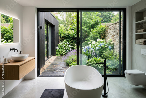 Modern bathroom design with access to a flower-filled terrace