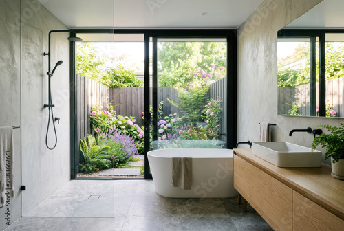 Modern bathroom design with access to a flower-filled terrace