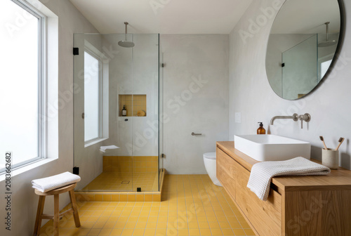 Minimalist bathroom design with yellow floor