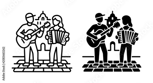 Obraz na plátně Musician Duo Vector Icons: Guitarist and Accordionist Performing Live Music Outd