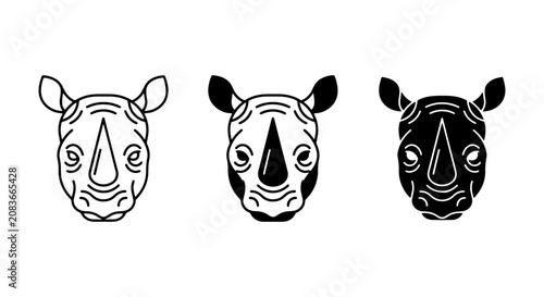 Photography Minimalist Rhino Head Icons Set, Black and White Vector Graphics, African Wildli