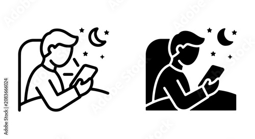 Foto Person in Bed with Smartphone at Night, Digital Device Use, Sleep Disturbance Ic