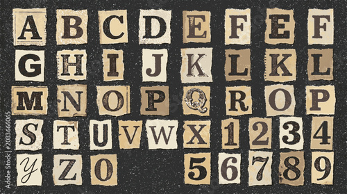 Vintage ransom note alphabet and number set on dark textured background