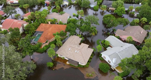 Hurricane flooded homes in residential community in Florida, USA. Aftermath of natural disaster.