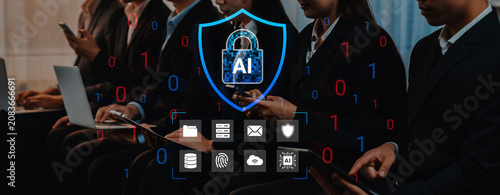 A group of business professionals engages with advanced technology in a modern office  showcasing themes of cybersecurity and artificial intelligence for a secure digital future. Cyphers