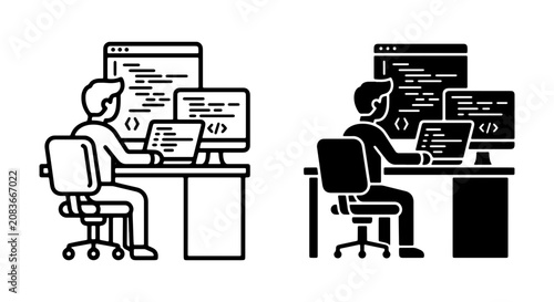 Programmer at Desk with Multiple Monitors, Coding Icon Set, Software Development Concept, Technology Illustration