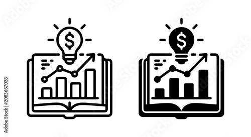 Business Growth Icons: Financial Analysis, Data Charts, Lightbulb Ideas, Strategy Book, Vector Set