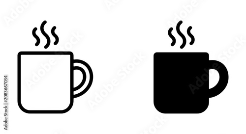 Hot Coffee Mug Icons, Black and White Beverage Cups, Steaming Drink Symbols, Simple Vector Graphics for Cafes