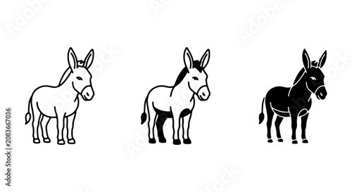 Donkey Icons Set: Simple Line Art, Silhouette, and Filled Vector Graphics for Farm and Livestock Themes