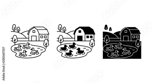 Farm Landscape Icons: Barn, Pond, Ducks Set, Rural Countryside Vector Graphics, Black and White Illustrations