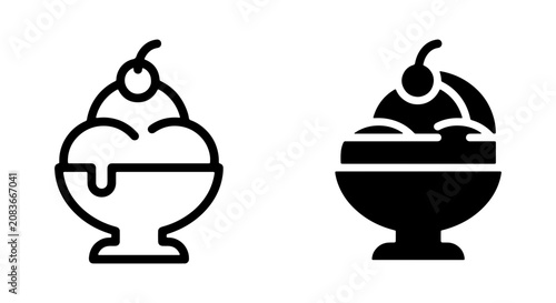 Ice Cream Sundae Icons: Two Styles, Outline and Solid Fill, Dessert Treats, Sweet Food Vector Graphics for Menus and Apps