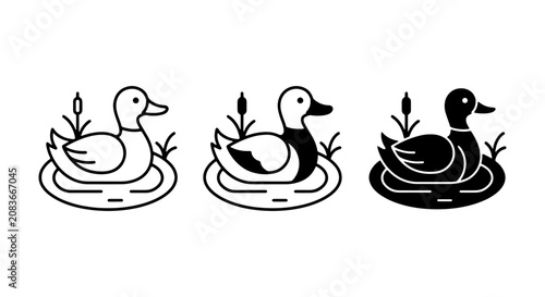 Set of three duck icons, line art and silhouette, waterfowl on water with reeds, vector graphics for nature and wildlife themes
