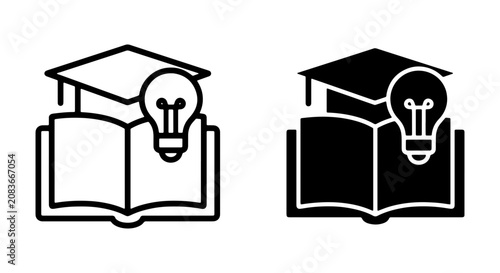Education Icons: Graduation Cap, Open Book, Lightbulb Idea. Learning symbols, knowledge acquisition, academic success, creative thinking.