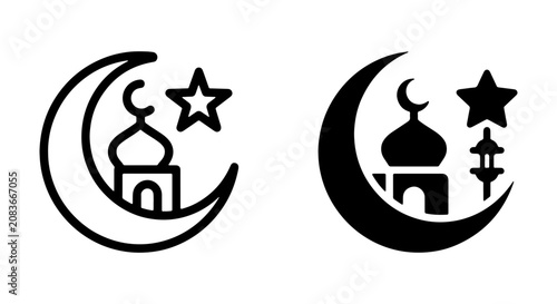 Islamic Crescent Moon and Mosque Icons, Ramadan Star and Lantern Symbols, Religious Holiday Vector Graphics