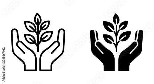 Hands Holding Plant Icon Set, Growth Symbol, Seedling Care, Environmental Protection, Sustainability Concept, Vector Icons