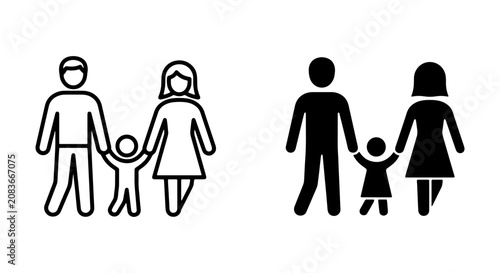 Family Icon Set: Parents Holding Hands with Child, Outline and Solid Styles, Vector Graphics for Lifestyle and Community Themes
