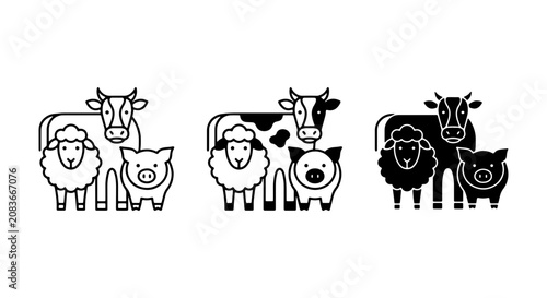 Farm Animal Icons Set: Cow, Sheep, Pig Vector Graphics for Agriculture and Livestock Concepts