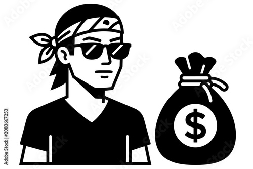 Konstfotografi Suspicious man character in sunglasses and bandana beside money sack with charac