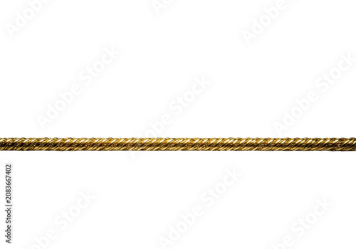 a taut, straight, hyper-detailed gold metallic cord with filigree texture, sharply focused on a brilliant white high-key studio background with clean copy space above, concept of destiny and refined