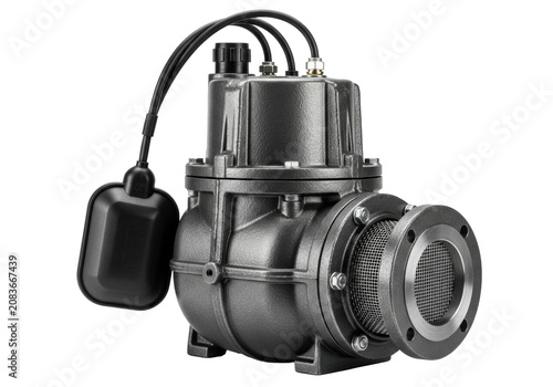 robust, dark matte industrial gray cast iron submersible sump pump, featuring mesh intake screens and a black float switch, isolated on a transparent background. concept of heavy-duty utility and